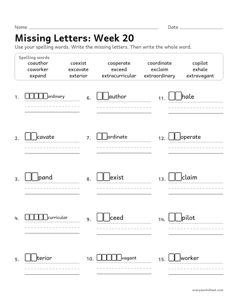 Preview of the printable “Missing Letters: week 20 (Prefixes ex-, extra- and co-)” worksheet: writing the missing pattern letters in spelling words with the prefixes ex- (out), extra- (beyond) and co- (together), as in exhale, extraordinary and coauthor