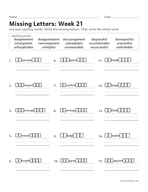 Preview of the printable “Missing Letters: week 21 (Prefix and suffix together)” worksheet: writing the missing pattern letters in spelling words with long words with a prefix and a suffix, as in unforgettable and disagreement