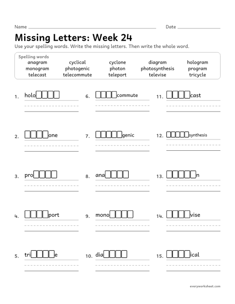 Preview of the printable “Missing Letters: week 24 (Greek roots: photo, tele, gram and cycl)” worksheet: writing the missing pattern letters in spelling words with the Greek roots photo (light), tele (far), gram (written) and cycl (circle)
