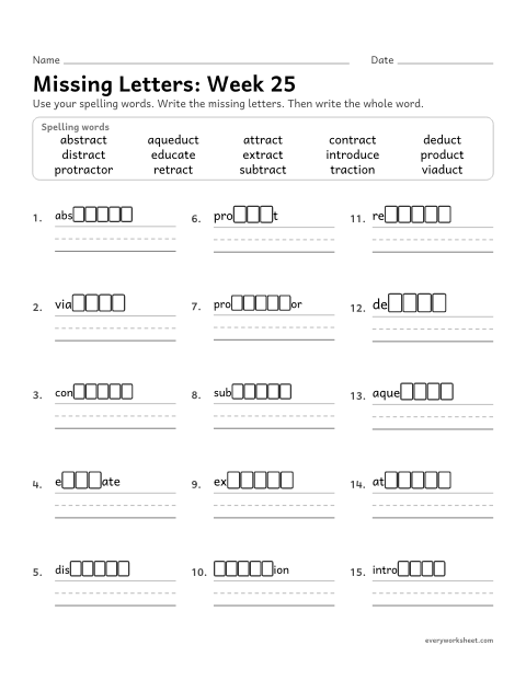 Preview of the printable “Missing Letters: week 25 (Latin roots: tract and duct)” worksheet: writing the missing pattern letters in spelling words with the Latin roots tract (pull) and duc or duct (lead), as in attract and aqueduct