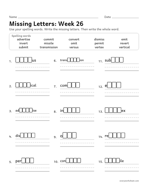 Preview of the printable “Missing Letters: week 26 (Latin roots: mit, miss and vert)” worksheet: writing the missing pattern letters in spelling words with the Latin roots mit and miss (send) and vert and vers (turn)