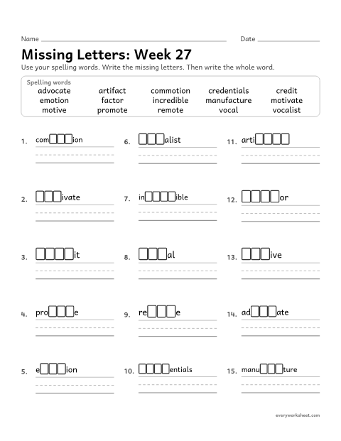Preview of the printable “Missing Letters: week 27 (Latin roots: cred, fact, voc and mot)” worksheet: writing the missing pattern letters in spelling words with the Latin roots cred (believe), fac or fact (make), voc (voice) and mot (move)
