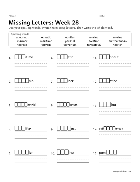 Preview of the printable “Missing Letters: week 28 (Latin roots: terr, aqu, mar and sol)” worksheet: writing the missing pattern letters in spelling words with the Latin roots terr (earth), aqu (water), mar (sea) and sol (sun)