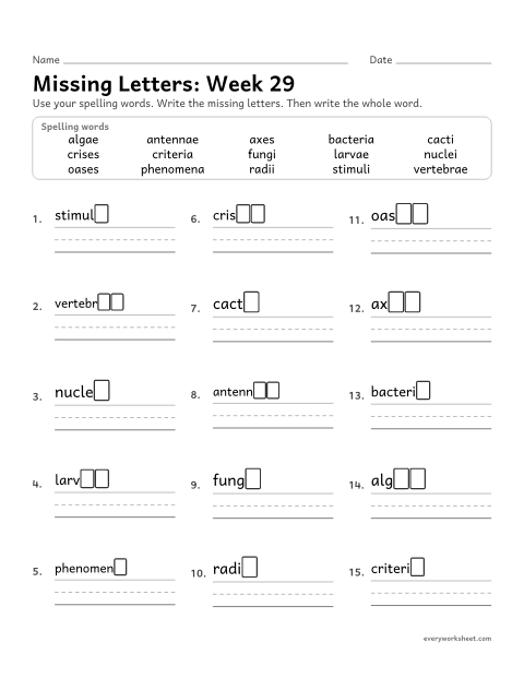 Preview of the printable “Missing Letters: week 29 (Plurals from latin and Greek)” worksheet: writing the missing pattern letters in spelling words with plurals that keep their Latin and Greek endings, as in cacti, larvae, oases and bacteria