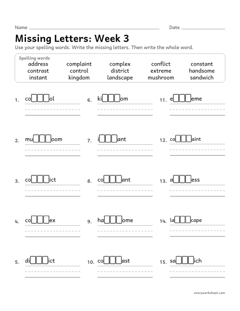 Preview of the printable “Missing Letters: week 3 (Three consonants in the middle)” worksheet: writing the missing pattern letters in spelling words with three consonants between two vowels, as in contrast and mushroom