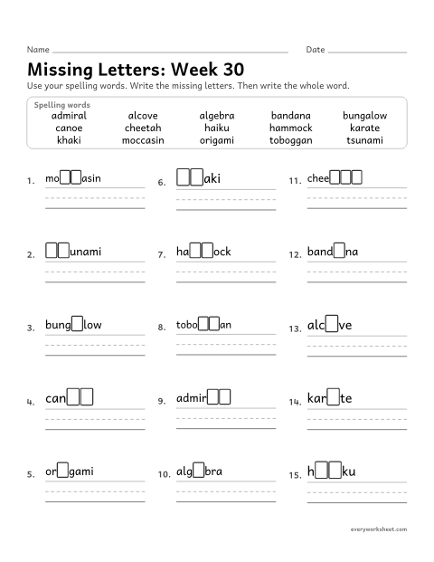 Preview of the printable “Missing Letters: week 30 (Words from other languages)” worksheet: writing the missing pattern letters in spelling words with words English borrowed from Japanese, Arabic, Hindi and Native languages of the Americas