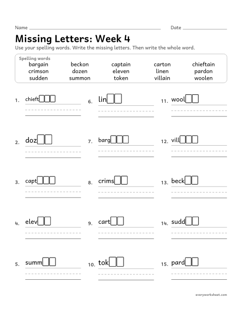 Preview of the printable “Missing Letters: week 4 (Schwa endings: -ain, -en and -on)” worksheet: writing the missing pattern letters in spelling words with the lazy last syllables -ain, -en and -on, as in captain, linen and crimson
