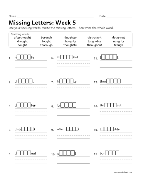 Preview of the printable “Missing Letters: week 5 (ough and augh)” worksheet: writing the missing pattern letters in spelling words with the tricky letters ough and augh, as in drought, thorough and daughter
