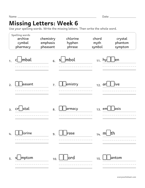 Preview of the printable “Missing Letters: week 6 (Greek spellings: ph, ch and y)” worksheet: writing the missing pattern letters in spelling words with ph for /f/, ch for /k/ and y for short i, as in phrase, chord and symbol