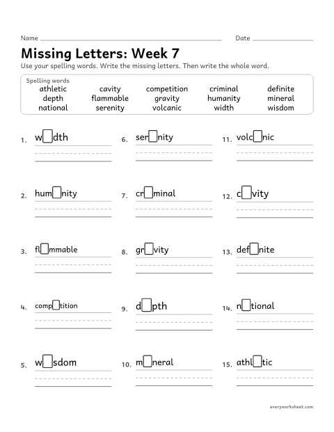 Preview of the printable “Missing Letters: week 7 (Related words: long to short vowels)” worksheet: writing the missing pattern letters in spelling words with words whose vowel changes from long to short, as in crime to criminal and cave to cavity