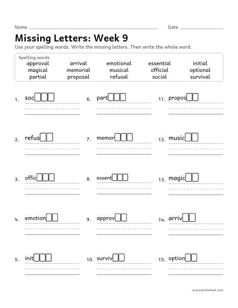 Preview of the printable “Missing Letters: week 9 (Suffixes -al and -ial)” worksheet: writing the missing pattern letters in spelling words with the suffixes -al and -ial, as in musical, official and arrival