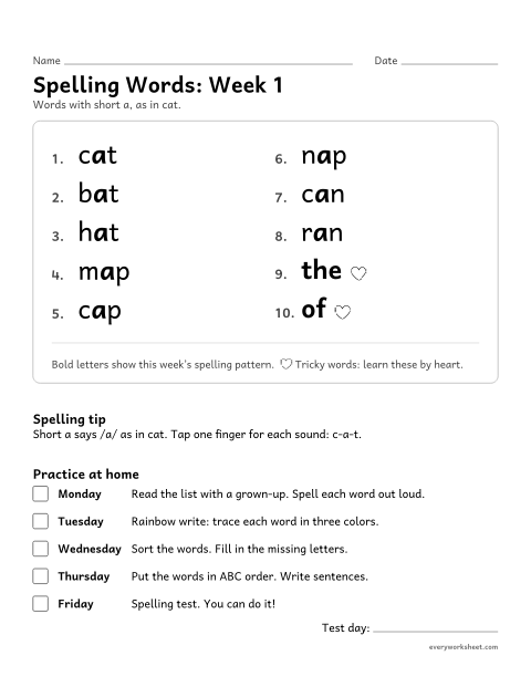 Preview of the printable “Spelling Packet: week 1 (Short a)” worksheet: a full week of spelling practice: short a, as in cat