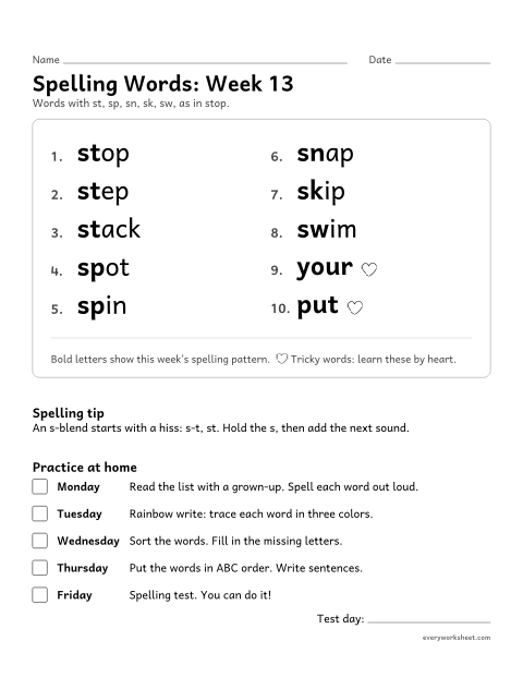 Preview of the printable “Spelling Packet: week 13 (s-blends)” worksheet: a full week of spelling practice: st, sp, sn, sk, sw, as in stop