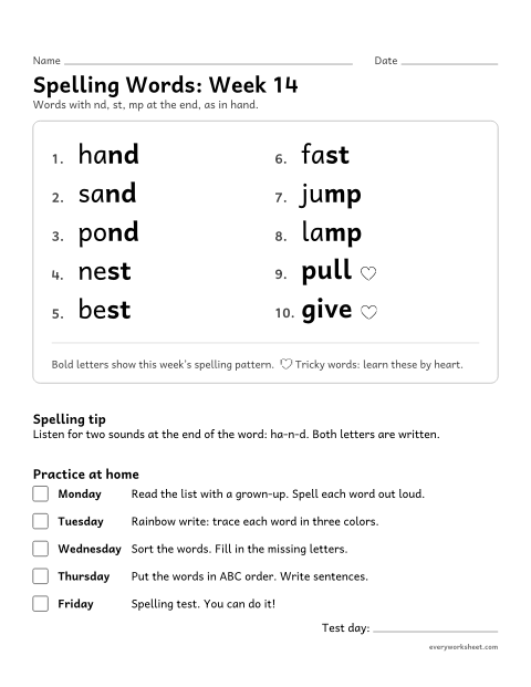 Preview of the printable “Spelling Packet: week 14 (Ending blends)” worksheet: a full week of spelling practice: nd, st, mp at the end, as in hand