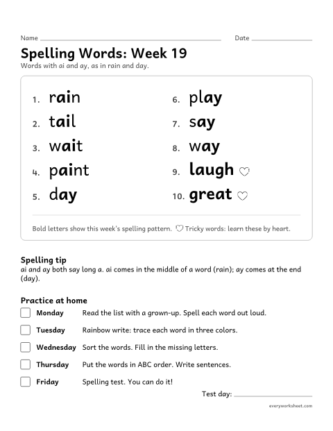 Preview of the printable “Spelling Packet: week 19 (Long a: ai and ay)” worksheet: a full week of spelling practice: ai and ay, as in rain and day