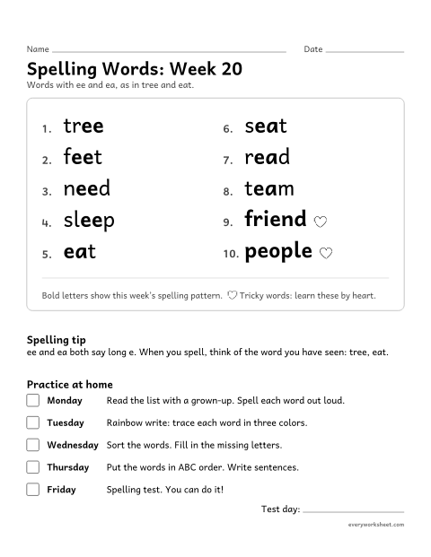 Preview of the printable “Spelling Packet: week 20 (Long e: ee and ea)” worksheet: a full week of spelling practice: ee and ea, as in tree and eat