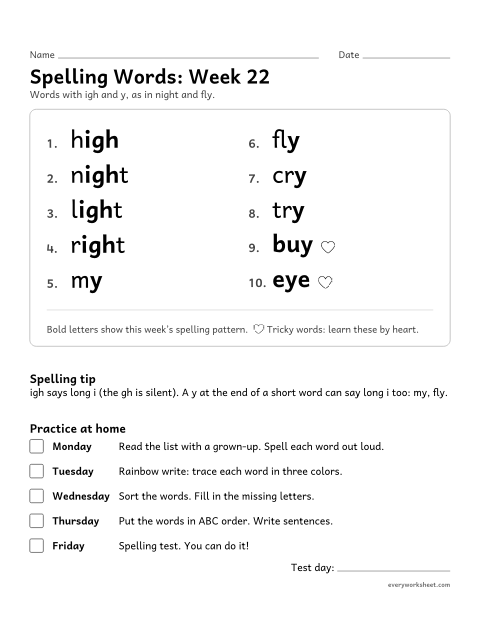 Preview of the printable “Spelling Packet: week 22 (Long i: igh and y)” worksheet: a full week of spelling practice: igh and y, as in night and fly