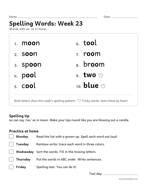 Preview of the printable “Spelling Packet: week 23 (oo as in moon)” worksheet: a full week of spelling practice: oo, as in moon