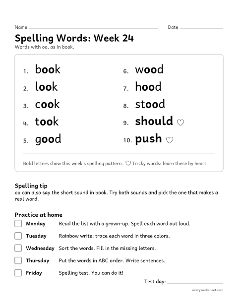 Preview of the printable “Spelling Packet: week 24 (oo as in book)” worksheet: a full week of spelling practice: oo, as in book