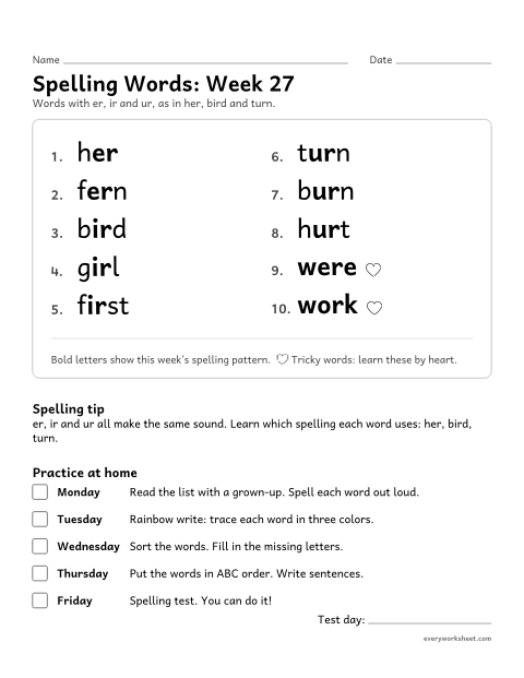 Preview of the printable “Spelling Packet: week 27 (er, ir and ur)” worksheet: a full week of spelling practice: er, ir and ur, as in her, bird and turn