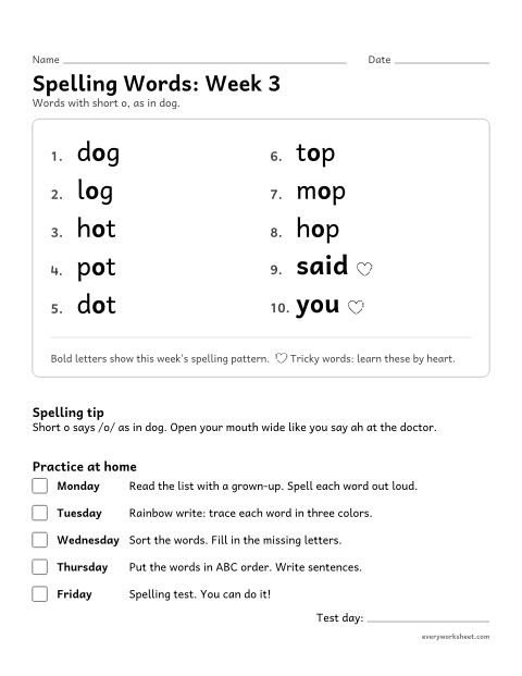 Preview of the printable “Spelling Packet: week 3 (Short o)” worksheet: a full week of spelling practice: short o, as in dog