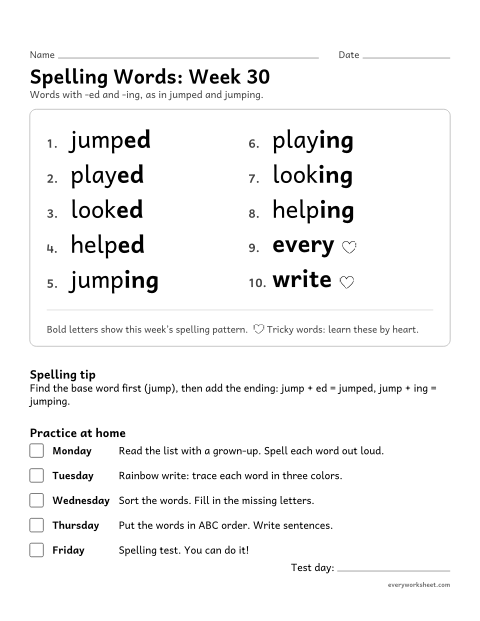 Preview of the printable “Spelling Packet: week 30 (Endings -ed and -ing)” worksheet: a full week of spelling practice: -ed and -ing, as in jumped and jumping