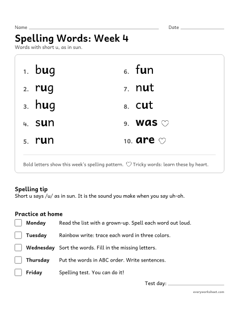 Preview of the printable “Spelling Packet: week 4 (Short u)” worksheet: a full week of spelling practice: short u, as in sun