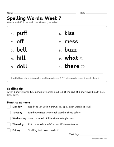 Preview of the printable “Spelling Packet: week 7 (Double letters ff, ll, ss, zz)” worksheet: a full week of spelling practice: ff, ll, ss and zz at the end, as in bell