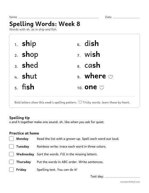 Preview of the printable “Spelling Packet: week 8 (Words with sh)” worksheet: a full week of spelling practice: sh, as in ship and fish