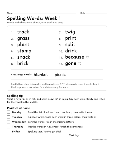 Preview of the printable “Spelling Packet: week 1 (Short a and short i)” worksheet: a full week of spelling practice: short a and short i, as in track and twig