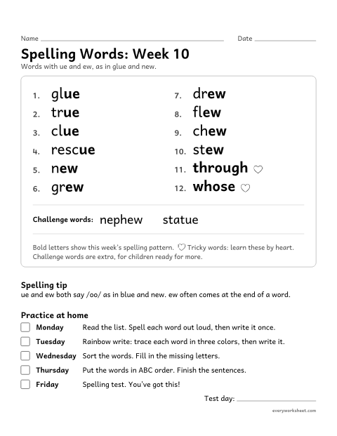 Preview of the printable “Spelling Packet: week 10 (ue and ew)” worksheet: a full week of spelling practice: ue and ew, as in glue and new