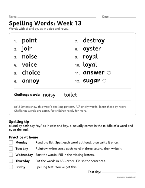 Preview of the printable “Spelling Packet: week 13 (oi and oy)” worksheet: a full week of spelling practice: oi and oy, as in voice and royal