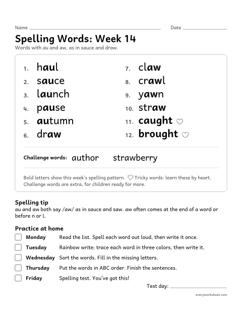 Preview of the printable “Spelling Packet: week 14 (au and aw)” worksheet: a full week of spelling practice: au and aw, as in sauce and draw