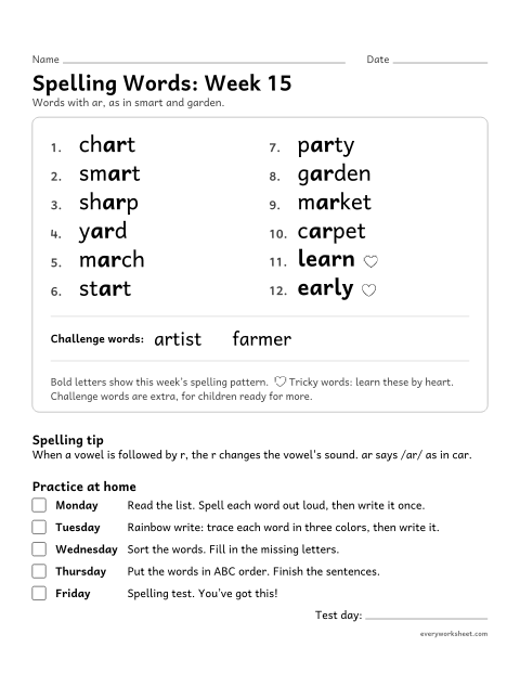 Preview of the printable “Spelling Packet: week 15 (ar words)” worksheet: a full week of spelling practice: ar, as in smart and garden