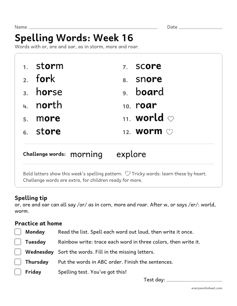 Preview of the printable “Spelling Packet: week 16 (or, ore and oar)” worksheet: a full week of spelling practice: or, ore and oar, as in storm, more and roar