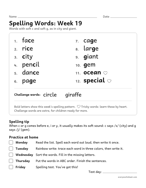 Preview of the printable “Spelling Packet: week 19 (Soft c and soft g)” worksheet: a full week of spelling practice: soft c and soft g, as in city and giant