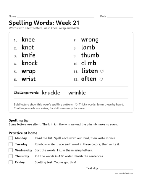 Preview of the printable “Spelling Packet: week 21 (Silent letters: kn, wr, mb)” worksheet: a full week of spelling practice: silent letters, as in knee, wrap and lamb