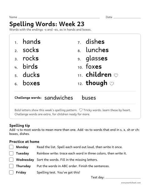 Preview of the printable “Spelling Packet: week 23 (Plurals: -s and -es)” worksheet: a full week of spelling practice: the endings -s and -es, as in hands and boxes