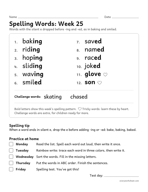 Preview of the printable “Spelling Packet: week 25 (Endings: drop the e)” worksheet: a full week of spelling practice: the silent e dropped before -ing and -ed, as in baking and smiled