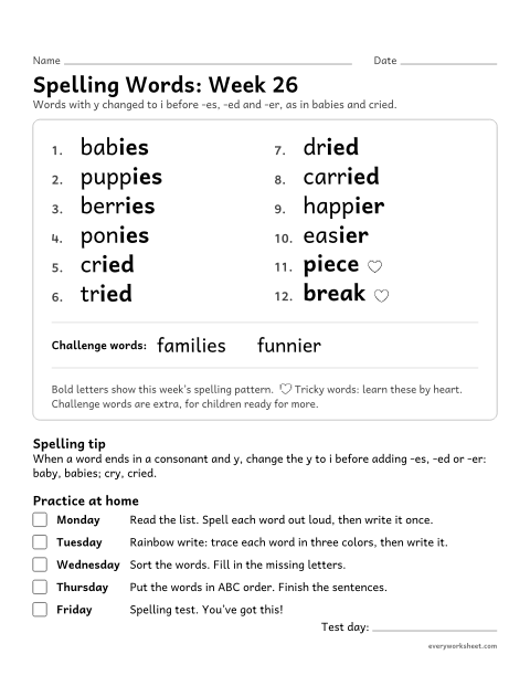 Preview of the printable “Spelling Packet: week 26 (Endings: change y to i)” worksheet: a full week of spelling practice: y changed to i before -es, -ed and -er, as in babies and cried