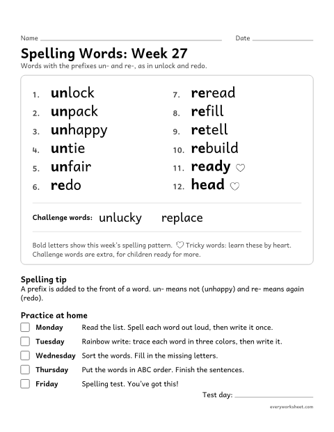 Preview of the printable “Spelling Packet: week 27 (Prefixes un- and re-)” worksheet: a full week of spelling practice: the prefixes un- and re-, as in unlock and redo