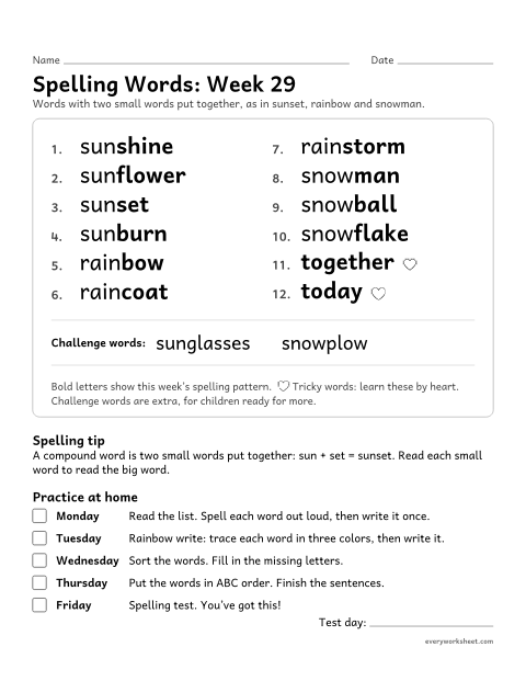 Preview of the printable “Spelling Packet: week 29 (Compound words)” worksheet: a full week of spelling practice: two small words put together, as in sunset, rainbow and snowman