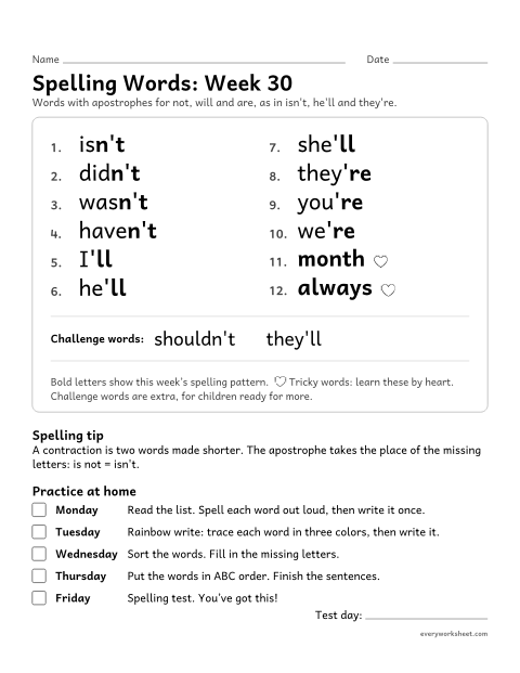Preview of the printable “Spelling Packet: week 30 (Contractions)” worksheet: a full week of spelling practice: apostrophes for not, will and are, as in isn't, he'll and they're