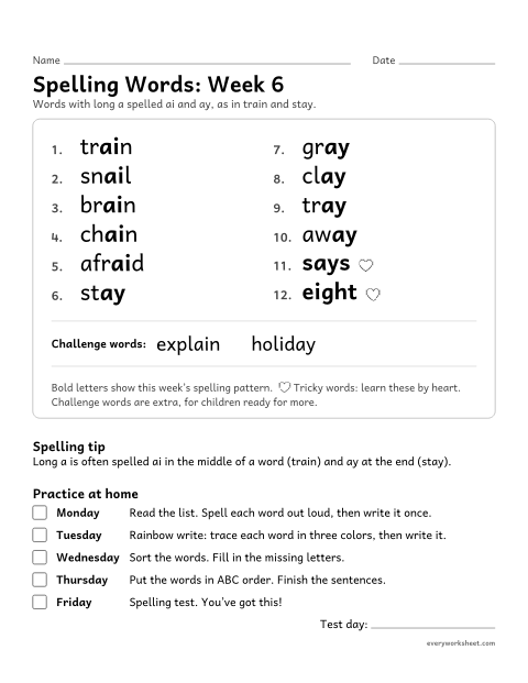 Preview of the printable “Spelling Packet: week 6 (Long a: ai and ay)” worksheet: a full week of spelling practice: long a spelled ai and ay, as in train and stay