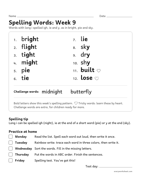 Preview of the printable “Spelling Packet: week 9 (Long i: igh, ie and y)” worksheet: a full week of spelling practice: long i spelled igh, ie and y, as in bright, pie and sky