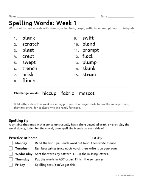 Preview of the printable “Spelling Packet: week 1 (Short vowels)” worksheet: a full week of spelling practice: short vowels with blends, as in plank, crept, swift, blond and plump