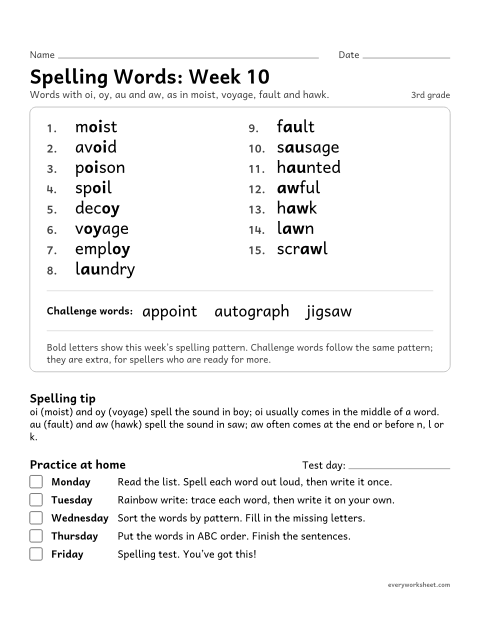 Preview of the printable “Spelling Packet: week 10 (oi, oy, au and aw)” worksheet: a full week of spelling practice: oi, oy, au and aw, as in moist, voyage, fault and hawk