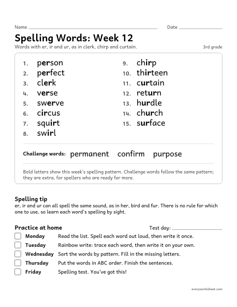 Preview of the printable “Spelling Packet: week 12 (er, ir and ur)” worksheet: a full week of spelling practice: er, ir and ur, as in clerk, chirp and curtain