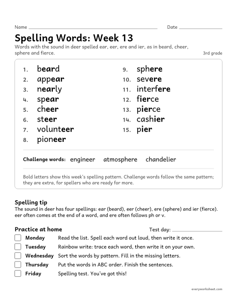 Preview of the printable “Spelling Packet: week 13 (ear, eer, ere and ier)” worksheet: a full week of spelling practice: the sound in deer spelled ear, eer, ere and ier, as in beard, cheer, sphere and fierce