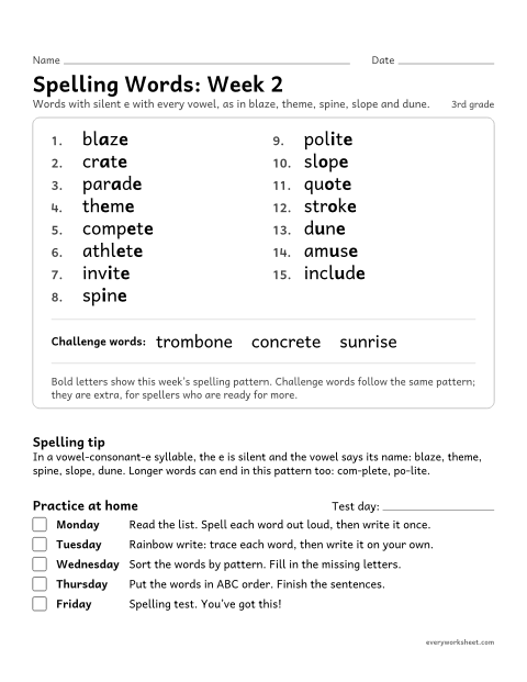 Preview of the printable “Spelling Packet: week 2 (Long vowels with silent e)” worksheet: a full week of spelling practice: silent e with every vowel, as in blaze, theme, spine, slope and dune